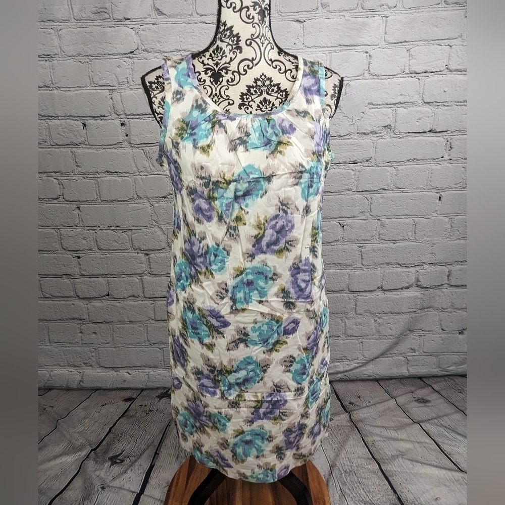 Lands End women's sleeveless button back lined 6 dress floral print pockets b6